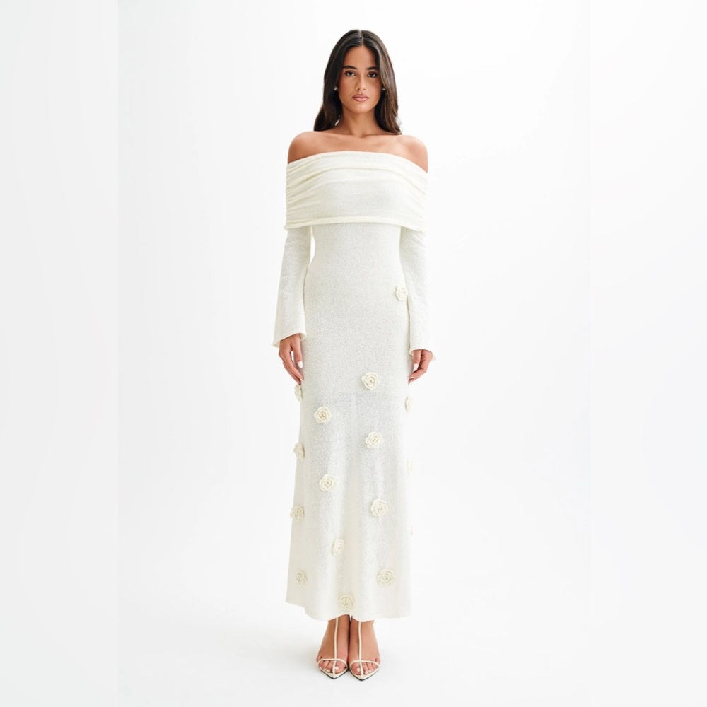 Meshki Kiki Off Shoulder Knit Rose Maxi Dress - Ivory - XL